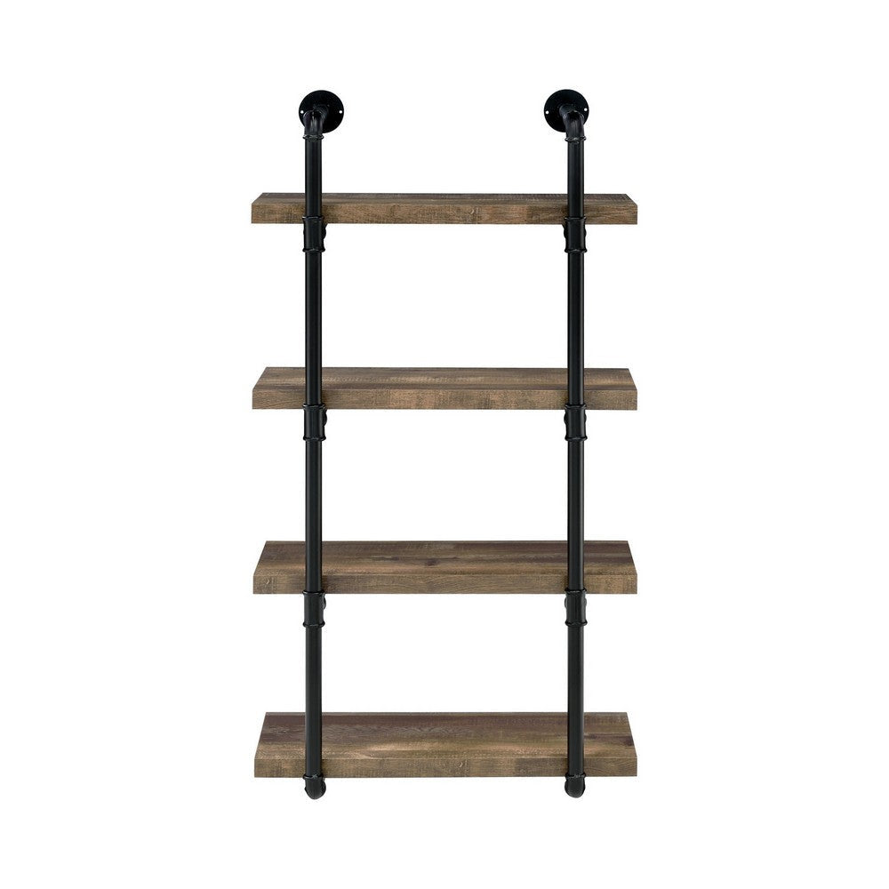 Wall Shelf with 4 Shelves and Piped Metal Frame Brown and Black By Casagear Home BM245876