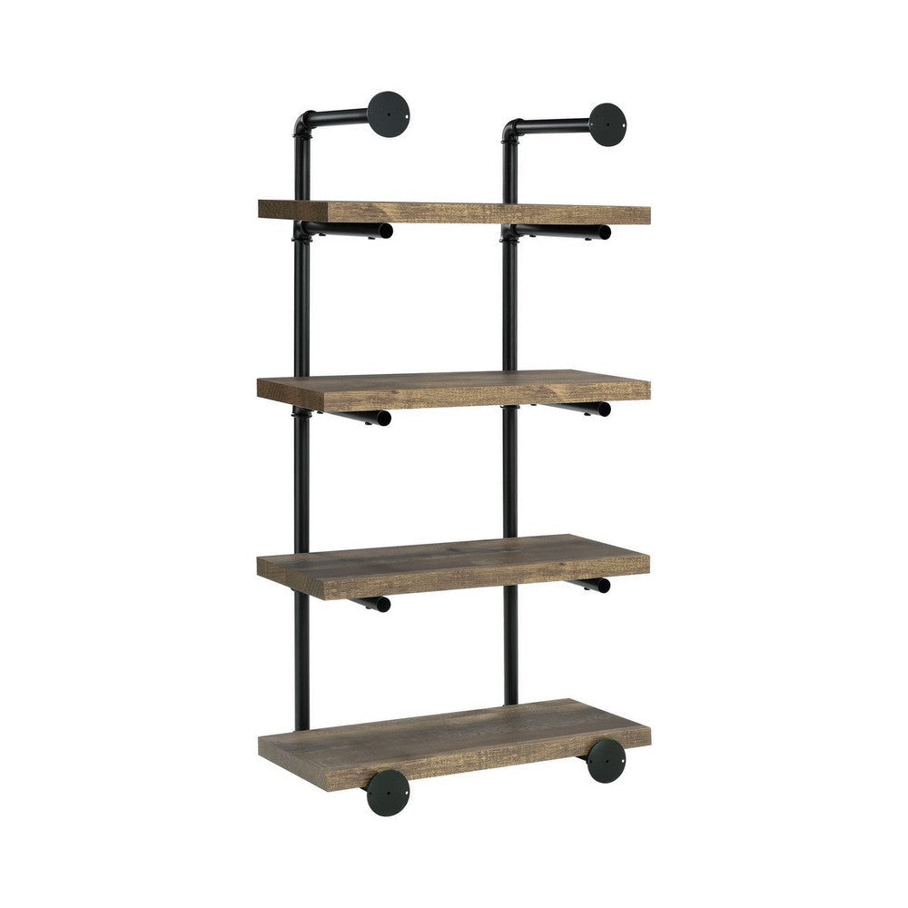 Wall Shelf with 4 Shelves and Piped Metal Frame Brown and Black By Casagear Home BM245876