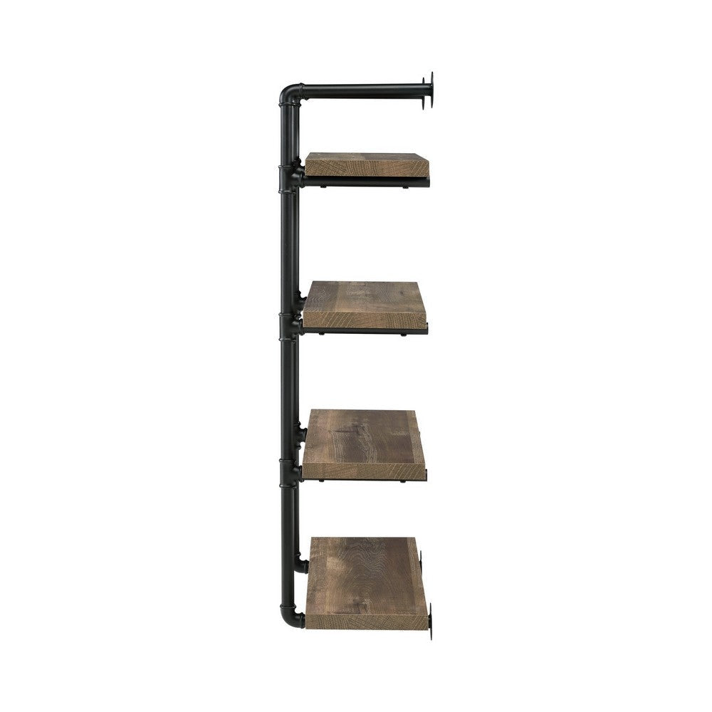 Wall Shelf with 4 Shelves and Piped Metal Frame Brown and Black By Casagear Home BM245876