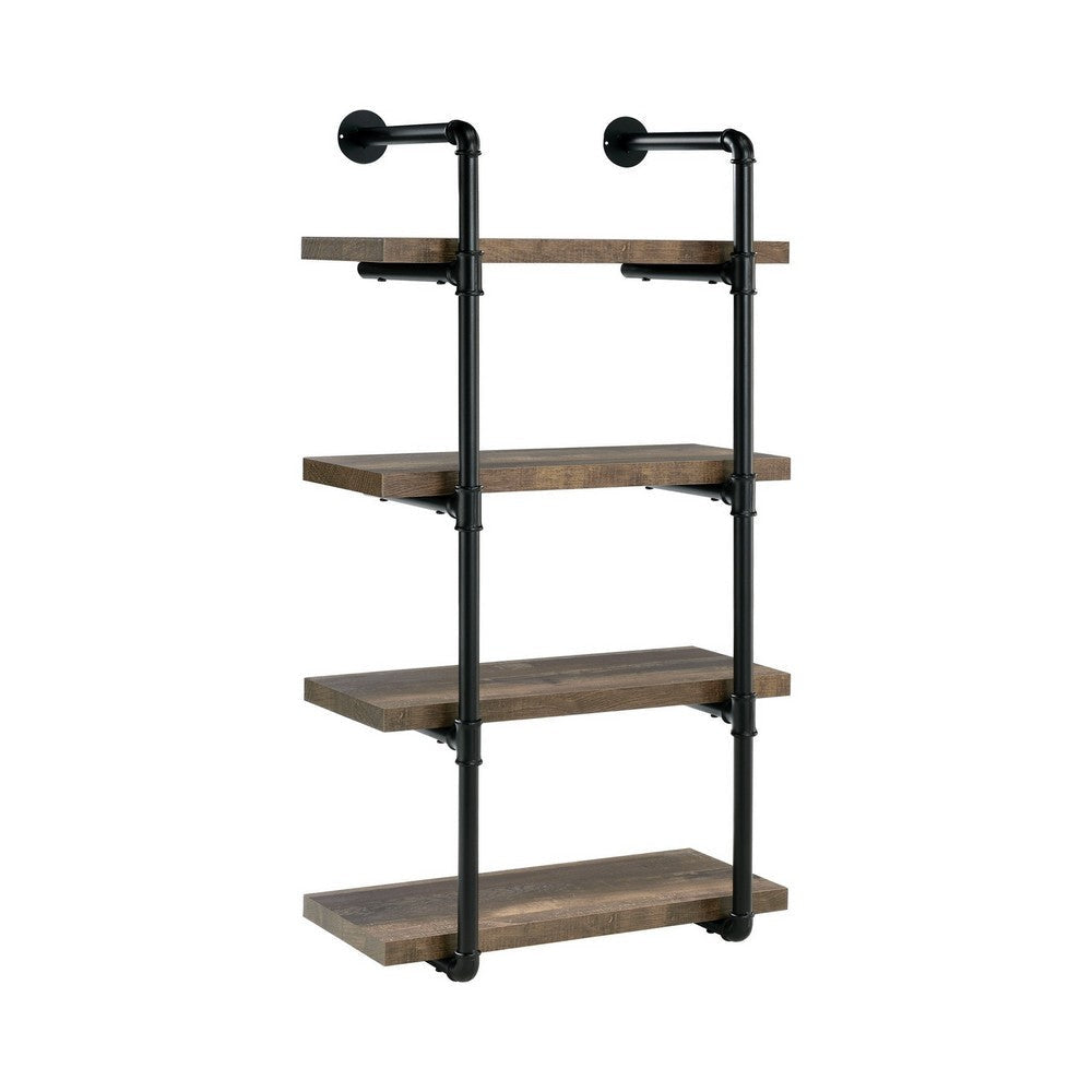 Wall Shelf with 4 Shelves and Piped Metal Frame, Brown and Black By Casagear Home