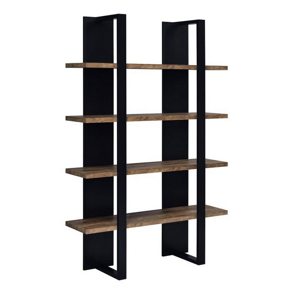 Bookcase with 4 Tier Shelves and Wooden Frame, Brown and Black By Casagear Home