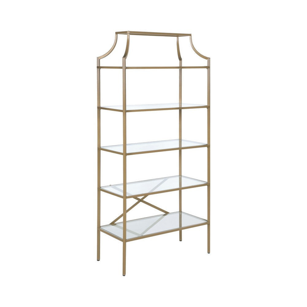 Bookcase with 5 Tempered Glass Shelves and Metal Frame, Gold By Casagear Home