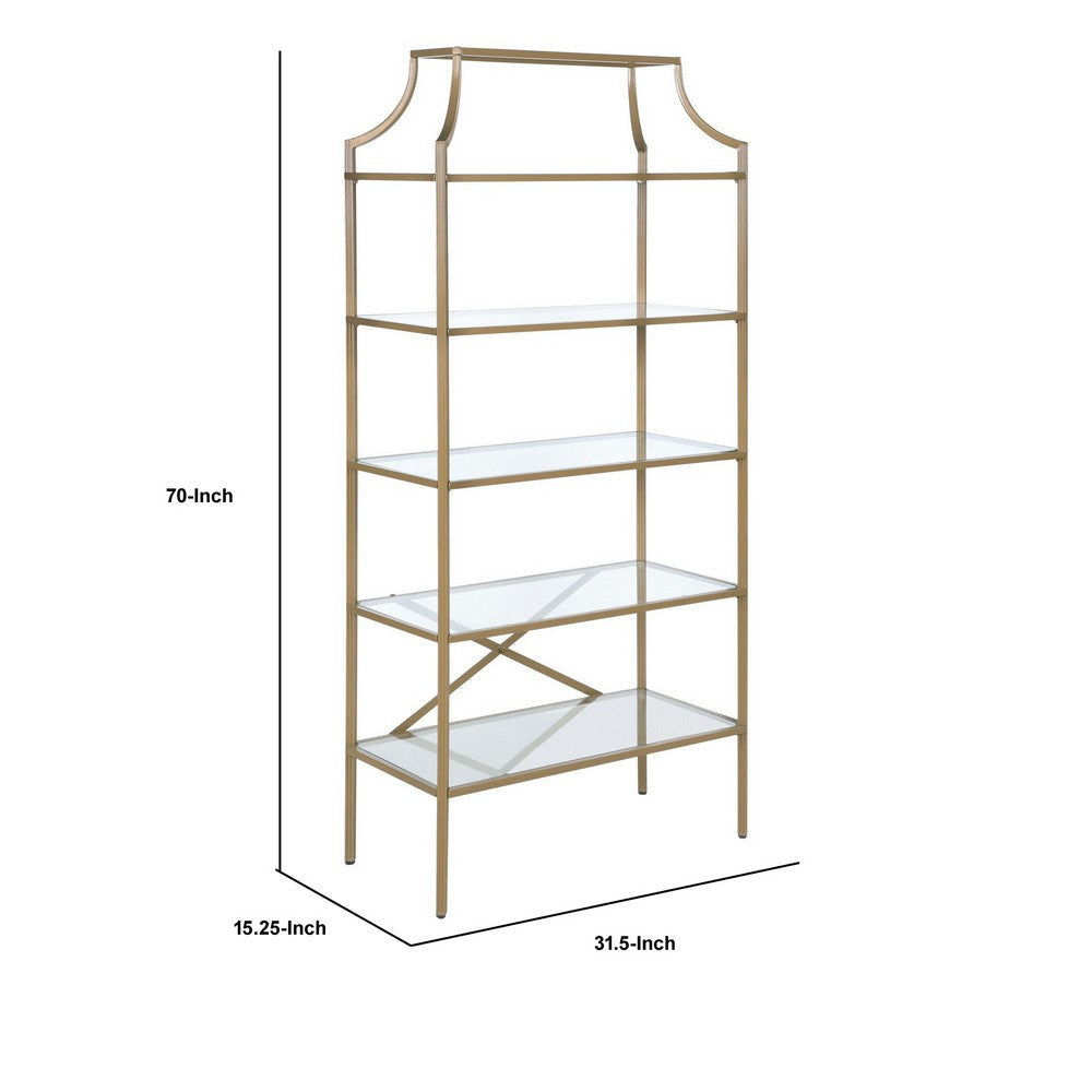 Bookcase with 5 Tempered Glass Shelves and Metal Frame Gold By Casagear Home BM245880