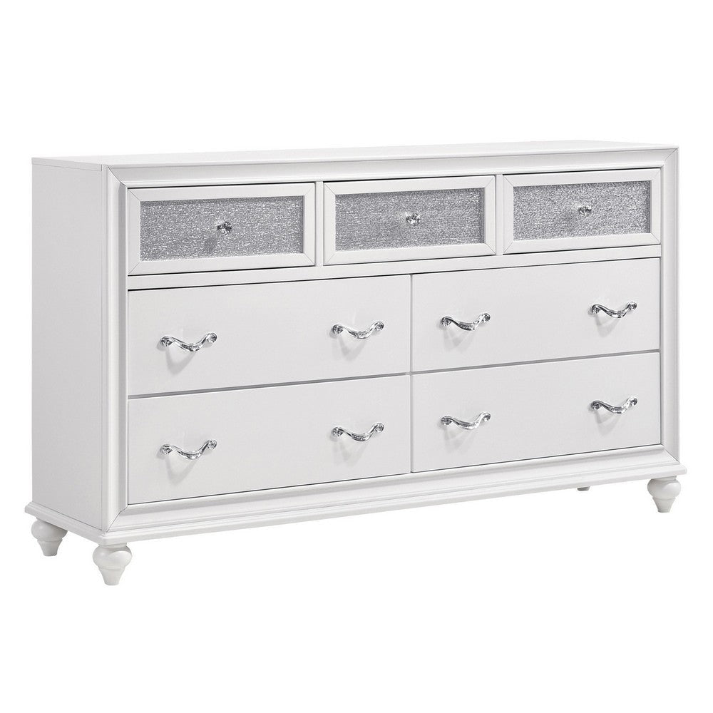 Dresser with 7 Drawers and Glitter Acrylic Front, White By Casagear Home