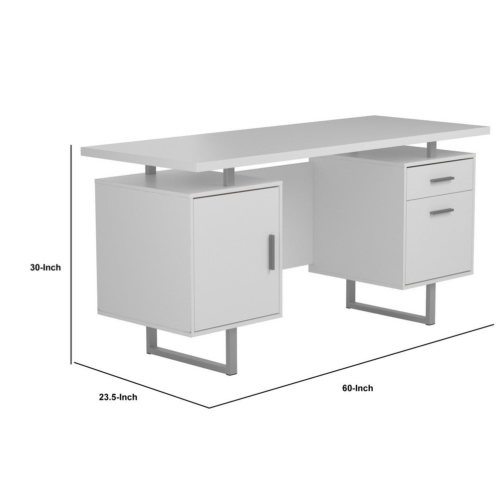 Wooden Office Desk with Floating Top and File Cabinet White By Casagear Home BM246102