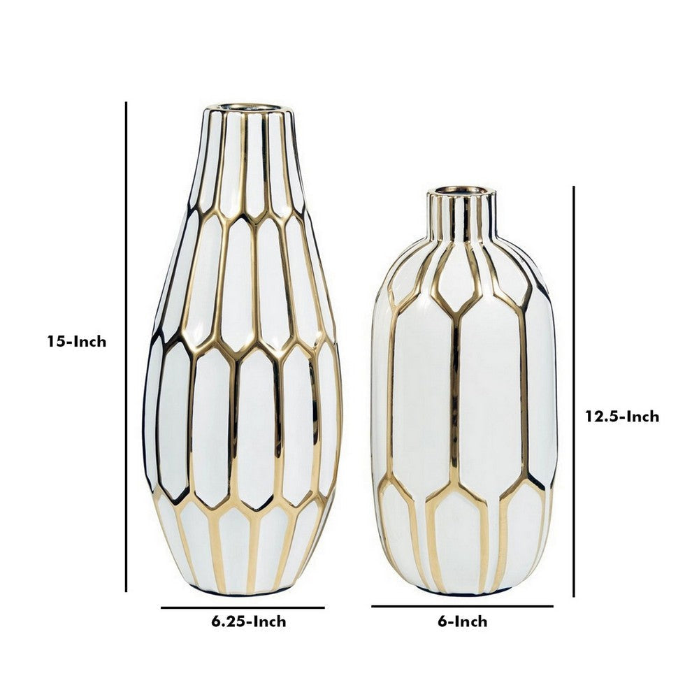 Vase with Honeycomb Geometric Design Set of 2 White and Gold By Casagear Home BM246946