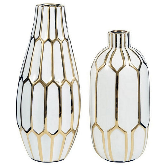 Vase with Honeycomb Geometric Design, Set of 2, White and Gold By Casagear Home