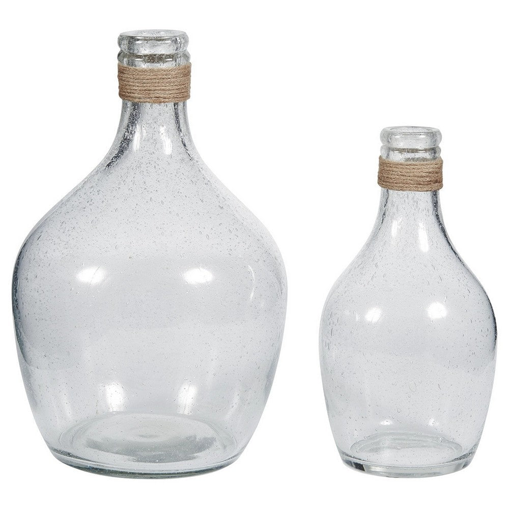 Vase with Bottleneck and Rope Accent, Set of 2, Clear By Casagear Home