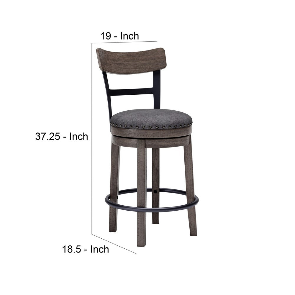 Swivel Barstool with Nailhead Trim and Curved Panel Back, Gray By Casagear Home