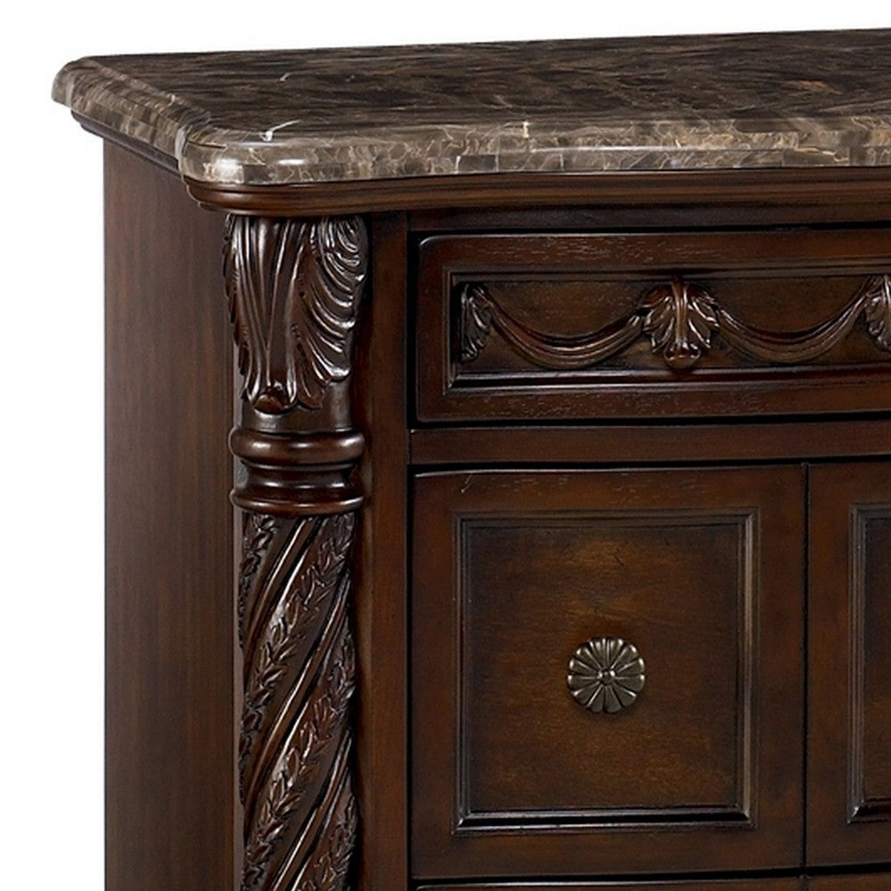 Nightstand with 3 Drawer and Ornate Carved Applique Brown By Casagear Home BM248120