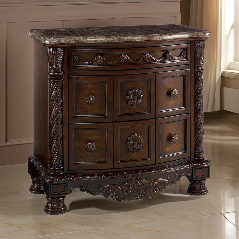 Nightstand with 3 Drawer and Ornate Carved Applique, Brown By Casagear Home