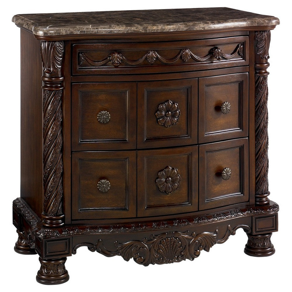 Nightstand with 3 Drawer and Ornate Carved Applique Brown By Casagear Home BM248120