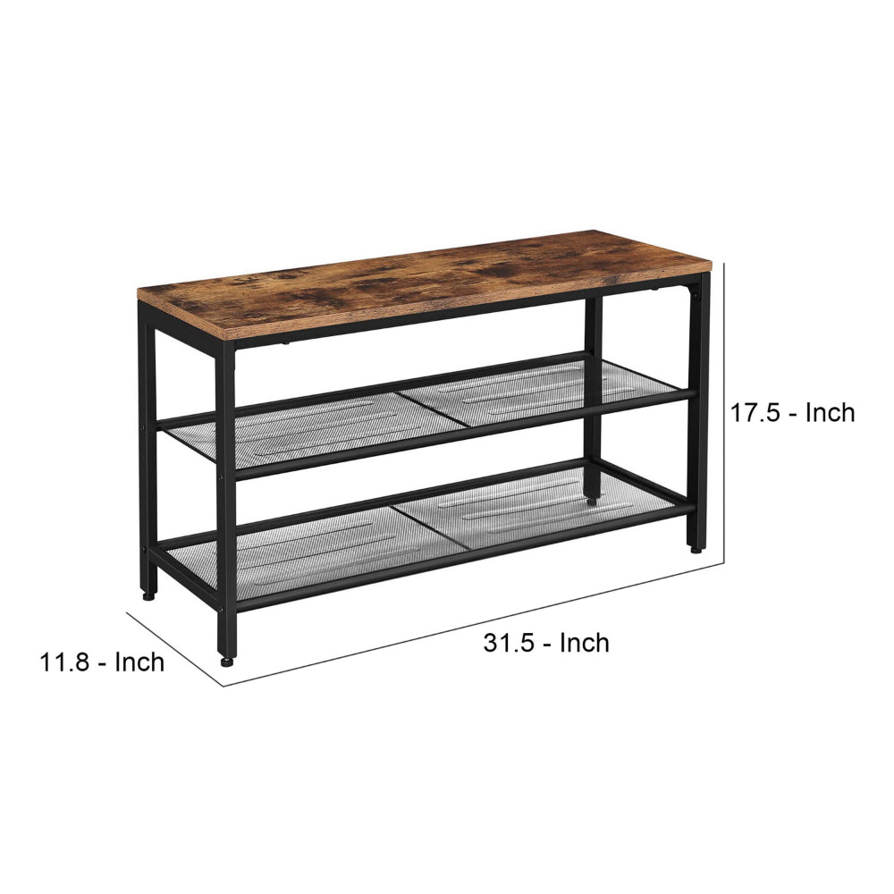 Wooden Shoe Bench with 2 Open Mesh Shelves Brown and Black By Casagear Home BM248132