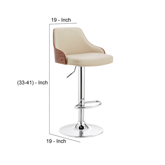 Faux Leather and Metal Adjustable Bar Stool, Cream and Silver By Casagear Home