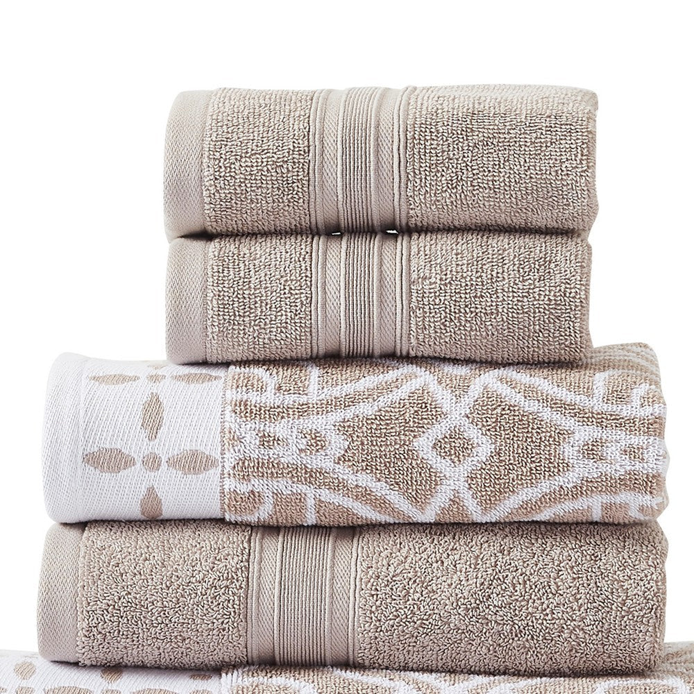 Veria 6 Piece Towel Set with Floral and Geometric Motifs Pattern The Urban Port,Beige By Casagear Home BM250053