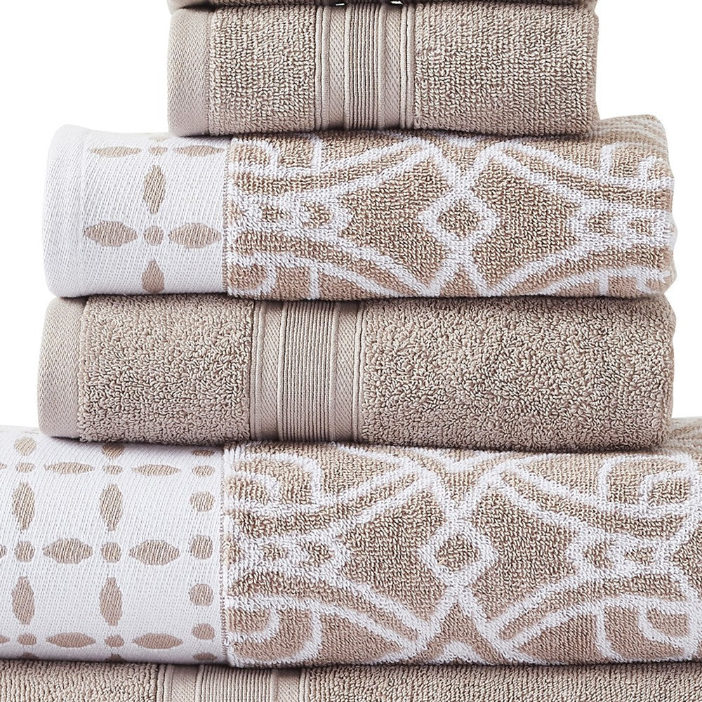 Veria 6 Piece Towel Set with Floral and Geometric Motifs Pattern The Urban Port,Beige By Casagear Home BM250053