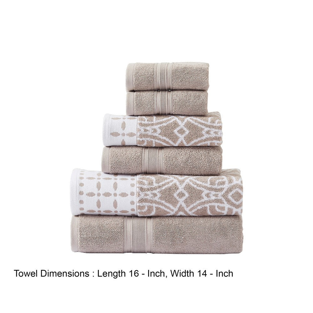 Veria 6 Piece Towel Set with Floral and Geometric Motifs Pattern The Urban Port,Beige By Casagear Home BM250053