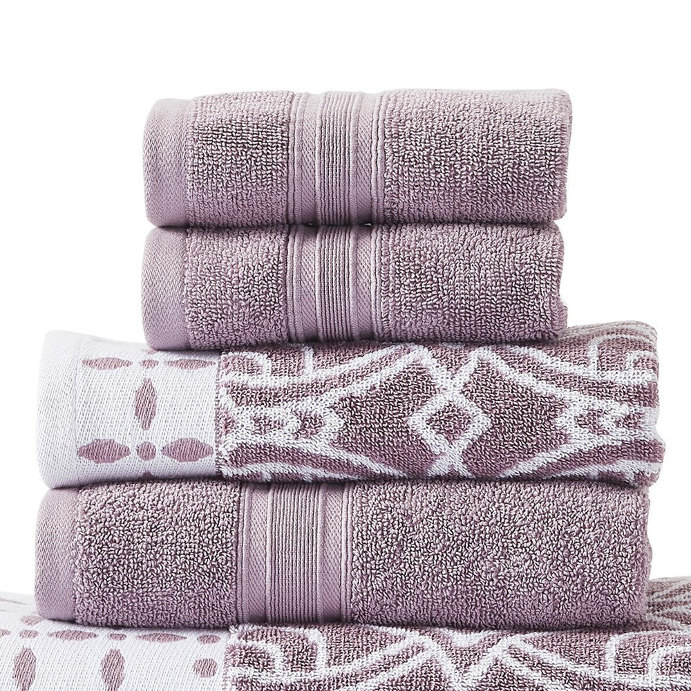 Veria 6 Piece Towel Set with Floral and Geometric Motif Pattern The Urban Port,Purple By Casagear Home BM250054