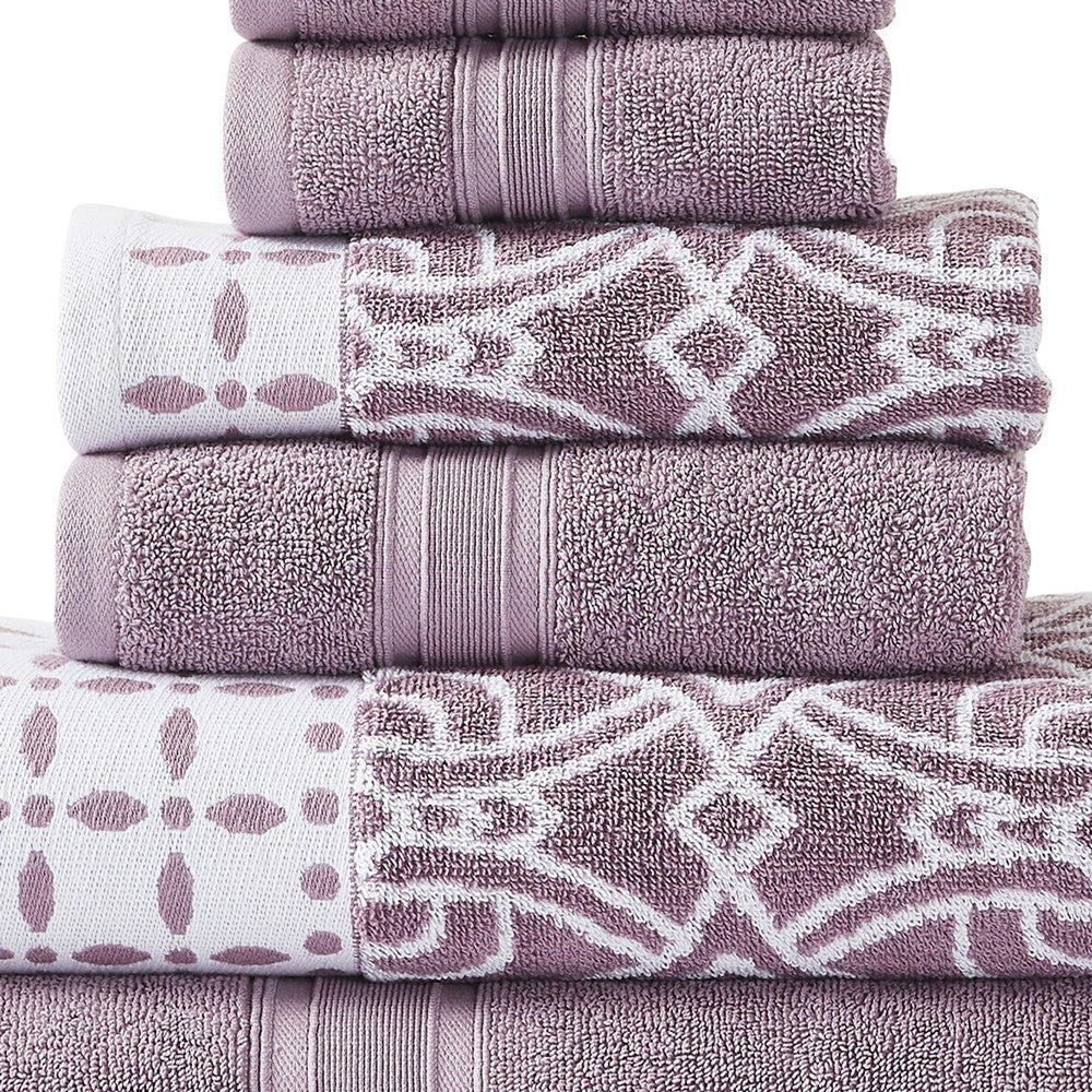 Veria 6 Piece Towel Set with Floral and Geometric Motif Pattern The Urban Port,Purple By Casagear Home BM250054