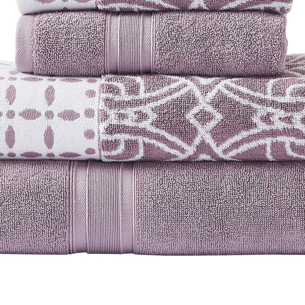 Veria 6 Piece Towel Set with Floral and Geometric Motif Pattern The Urban Port,Purple By Casagear Home BM250054