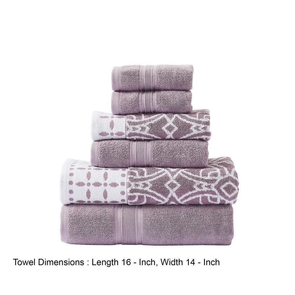 Veria 6 Piece Towel Set with Floral and Geometric Motif Pattern The Urban Port,Purple By Casagear Home BM250054