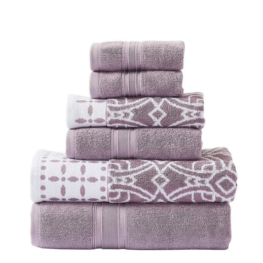 Veria 6 Piece Towel Set with Floral and Geometric Motif Pattern The Urban Port,Purple By Casagear Home