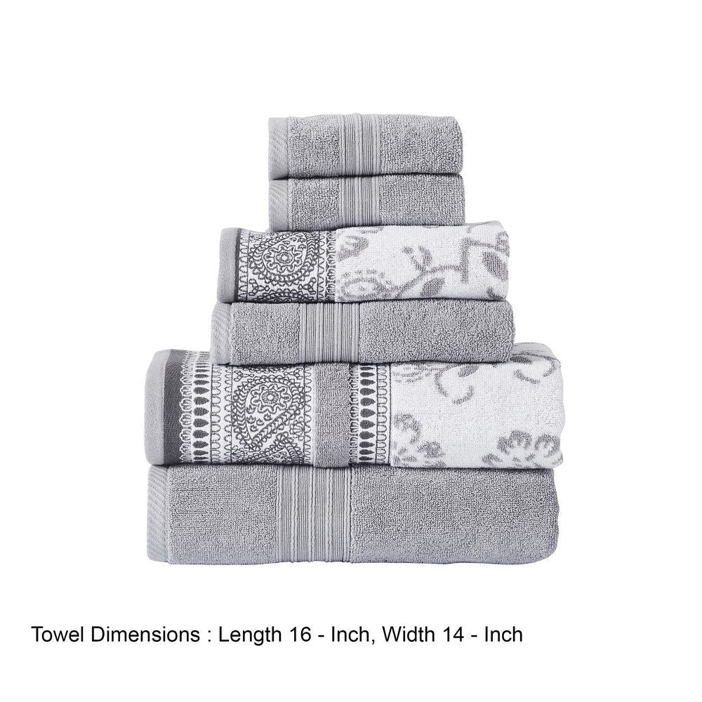 Veria 6 Piece Towel Set with Paisley and Floral Motif Pattern The Urban Port Gray By Casagear Home BM250058