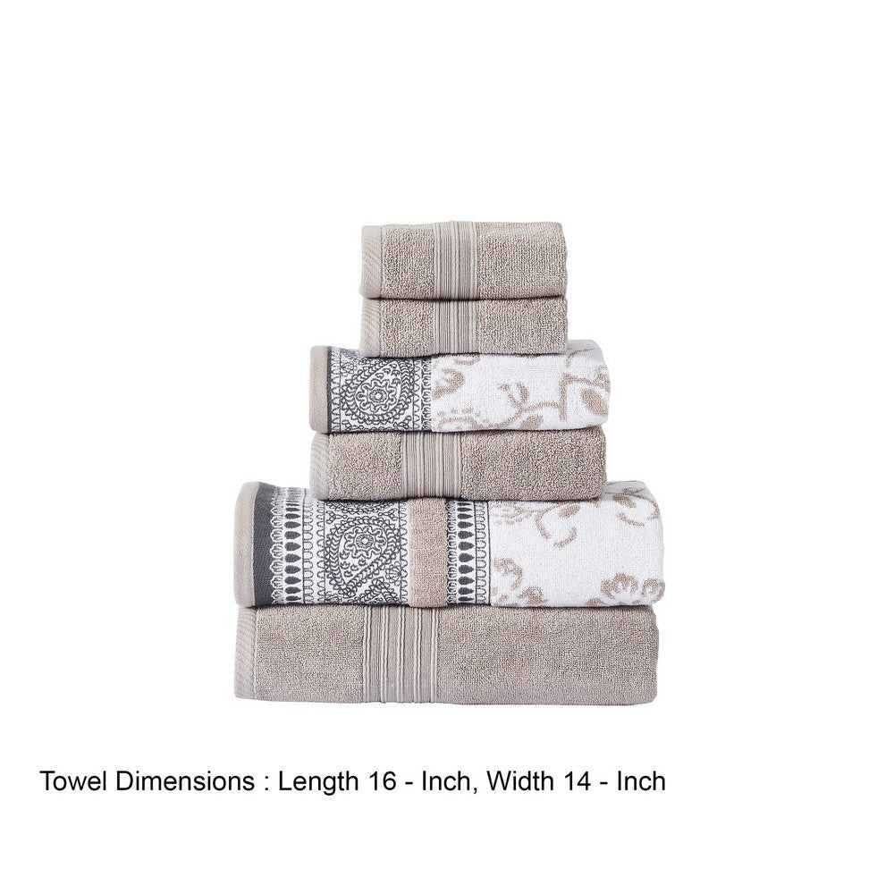 Veria 6 Piece Towel Set with Paisley and Floral Motif Pattern The Urban Port Beige By Casagear Home BM250059