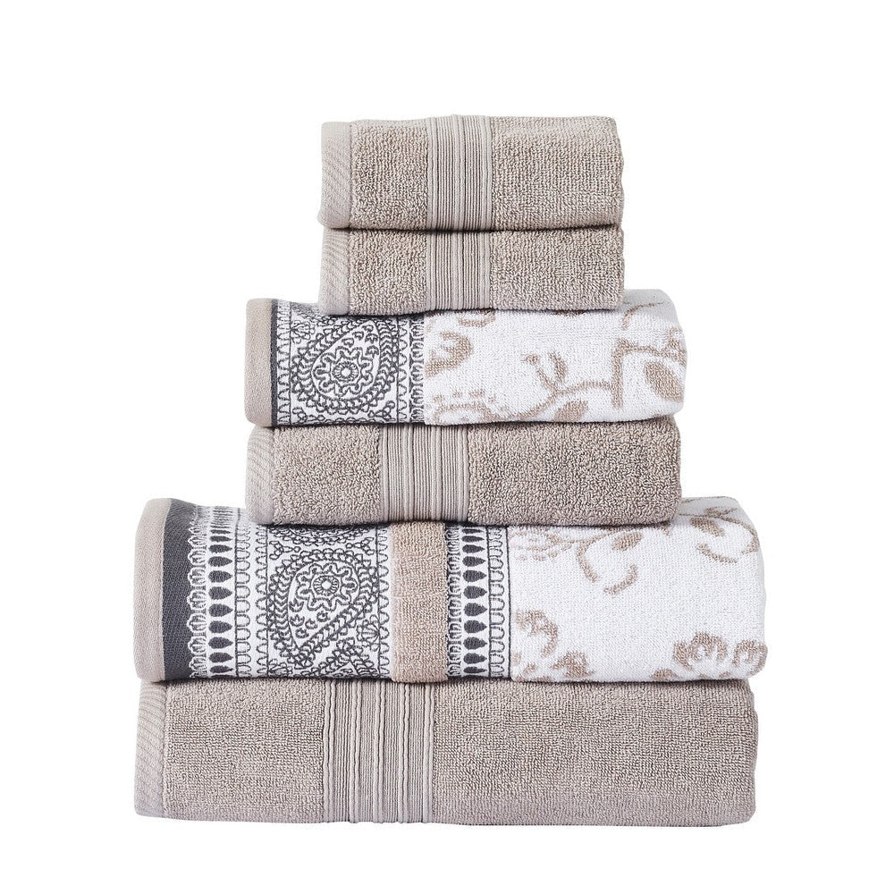 Veria 6 Piece Towel Set with Paisley and Floral Motif Pattern The Urban Port, Beige By Casagear Home