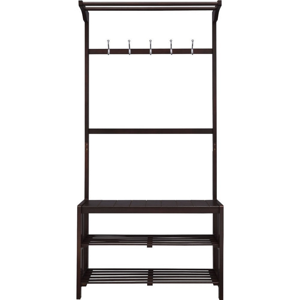 Hall Tree with 5 Hooks and 2 Slatted Shelves Espresso Brown By Casagear Home BM250175