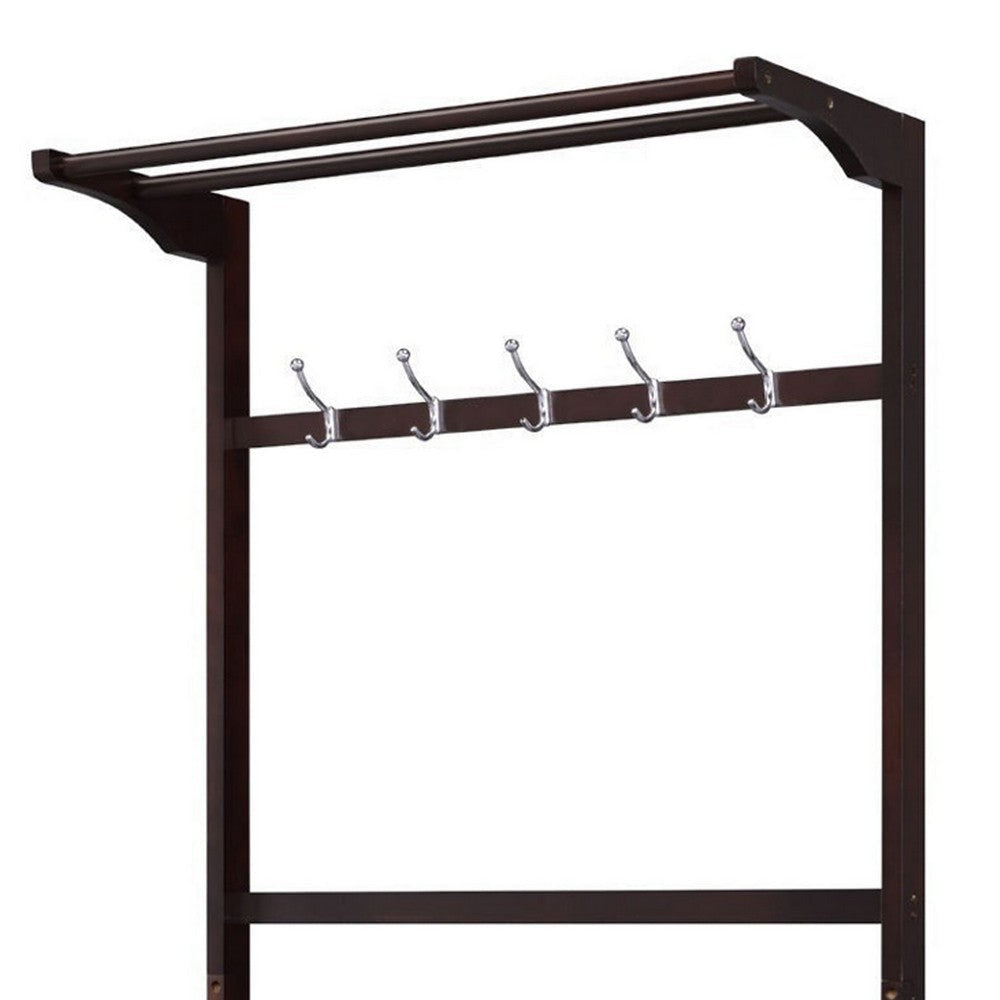 Hall Tree with 5 Hooks and 2 Slatted Shelves Espresso Brown By Casagear Home BM250175