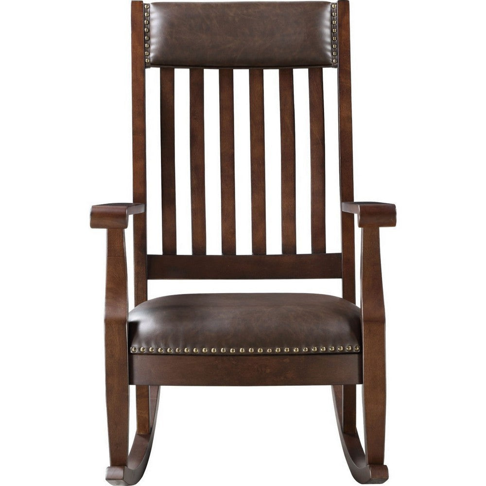 Rocking Chair with Leatherette Seat and Slatted Back Brown By Casagear Home BM250176