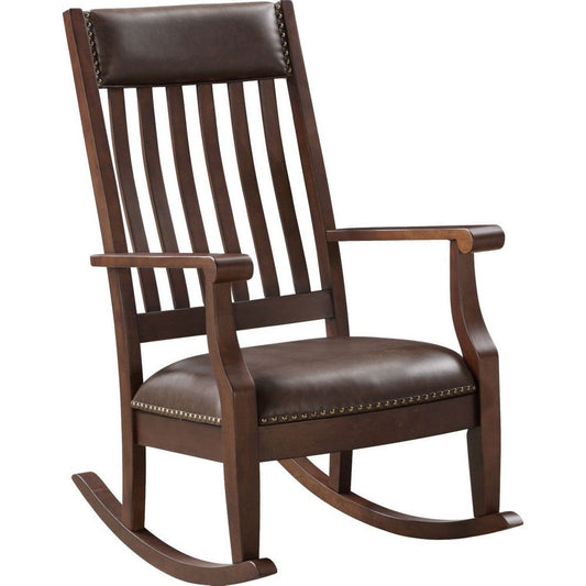 Rocking Chair with Leatherette Seat and Slatted Back, Brown By Casagear Home