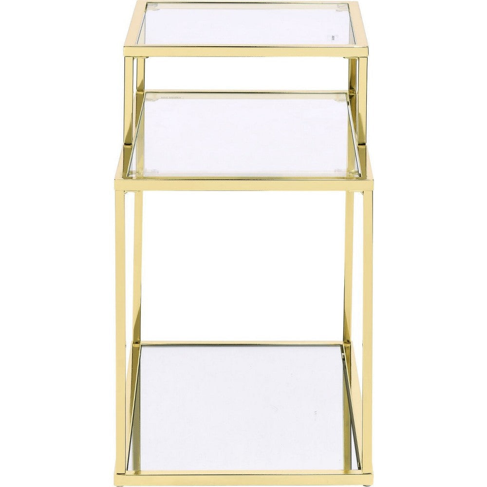 3 Tier Accent Table with Glass Shelves and Metal Frame Gold By Casagear Home BM250197