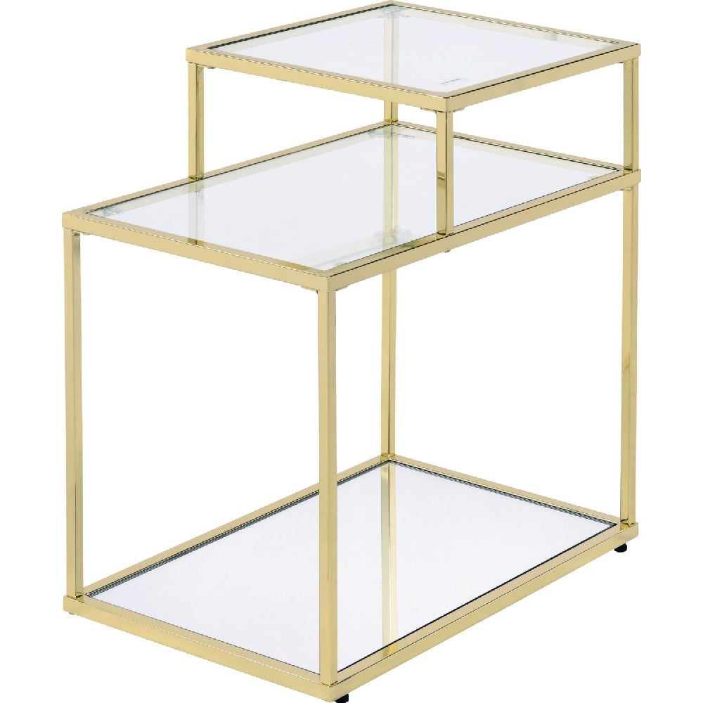 3 Tier Accent Table with Glass Shelves and Metal Frame, Gold By Casagear Home