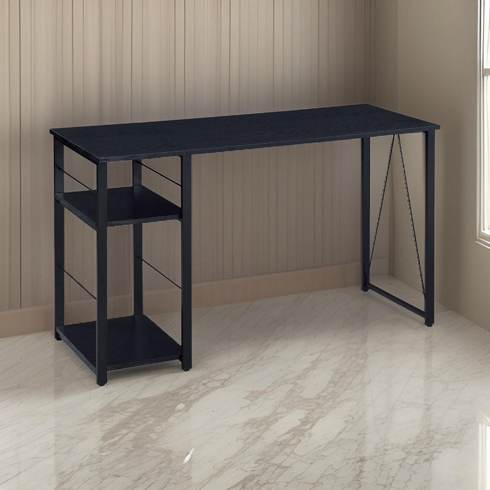 Writing Desk with 2 Tier Side Shelves and Tubular Metal Legs, Black By Casagear Home