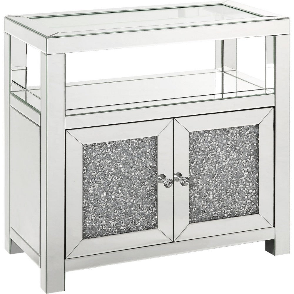 Cabinet with Mirrored Inserts and 2 Door Storage, Silver By Casagear Home