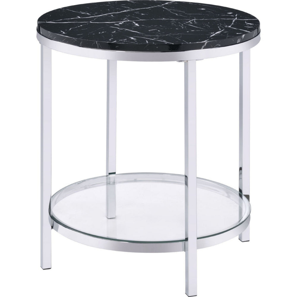 End Table with Round Faux Marble Top and Glass Shelf Black By Casagear Home BM250265