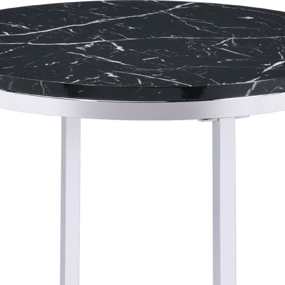 End Table with Round Faux Marble Top and Glass Shelf Black By Casagear Home BM250265