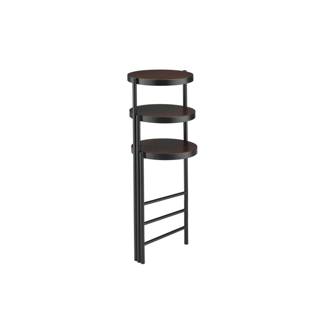 3 Tier Plant Stand with Round Wooden Shelves and Foldable Design Black By Casagear Home BM250280