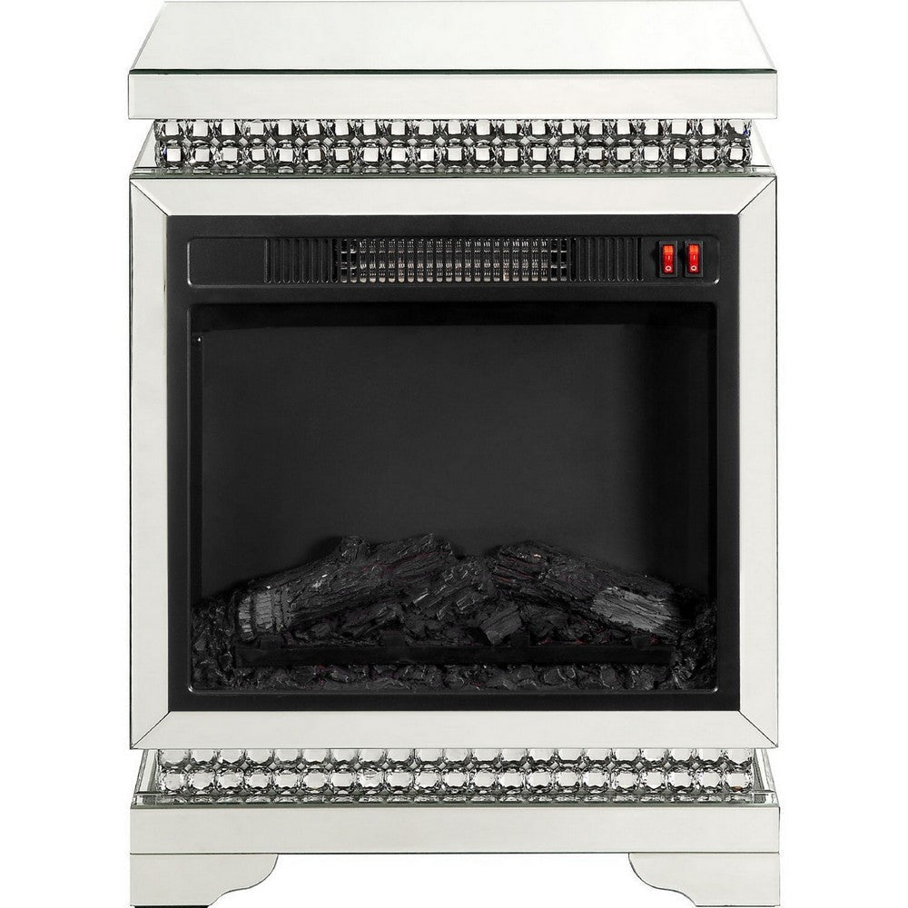 Electric Fireplace with Mirror Panel Framing and Faux Diamonds Silver By Casagear Home BM250304