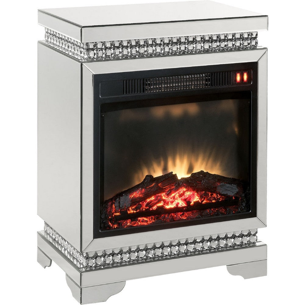 Electric Fireplace with Mirror Panel Framing and Faux Diamonds, Silver By Casagear Home