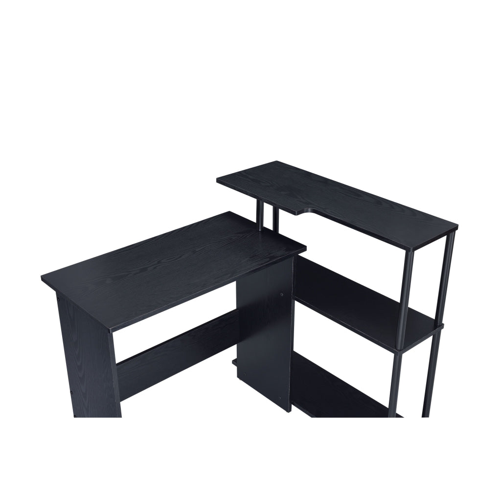 Writing Desk with L Shaped Design and 3 Tier Wooden Shelves Black By Casagear Home BM250315