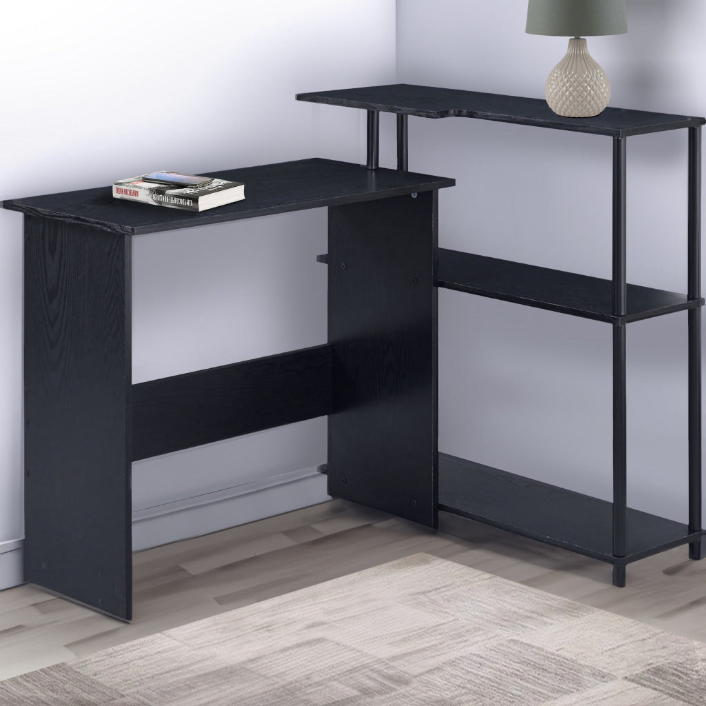 Writing Desk with L Shaped Design and 3 Tier Wooden Shelves, Black By Casagear Home