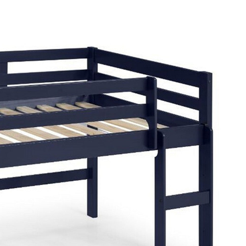 Twin Loft Bed with Wooden Frame and Reversible Ladder Blue By Casagear Home BM250349