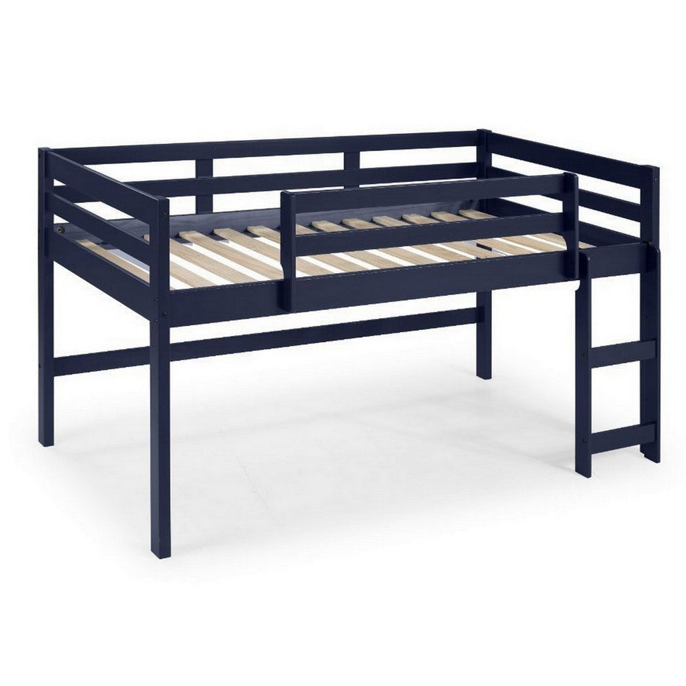 Twin Loft Bed with Wooden Frame and Reversible Ladder, Blue By Casagear Home