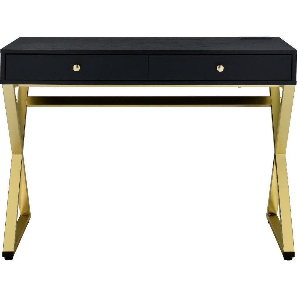 Writing Desk with 2 Drawers and Cross Legs Black and Gold By Casagear Home BM250362