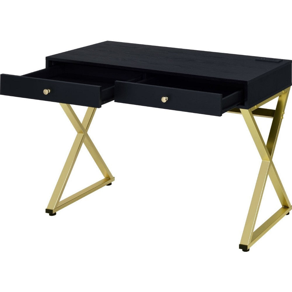 Writing Desk with 2 Drawers and Cross Legs Black and Gold By Casagear Home BM250362