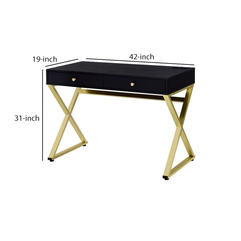 Writing Desk with 2 Drawers and Cross Legs Black and Gold By Casagear Home BM250362