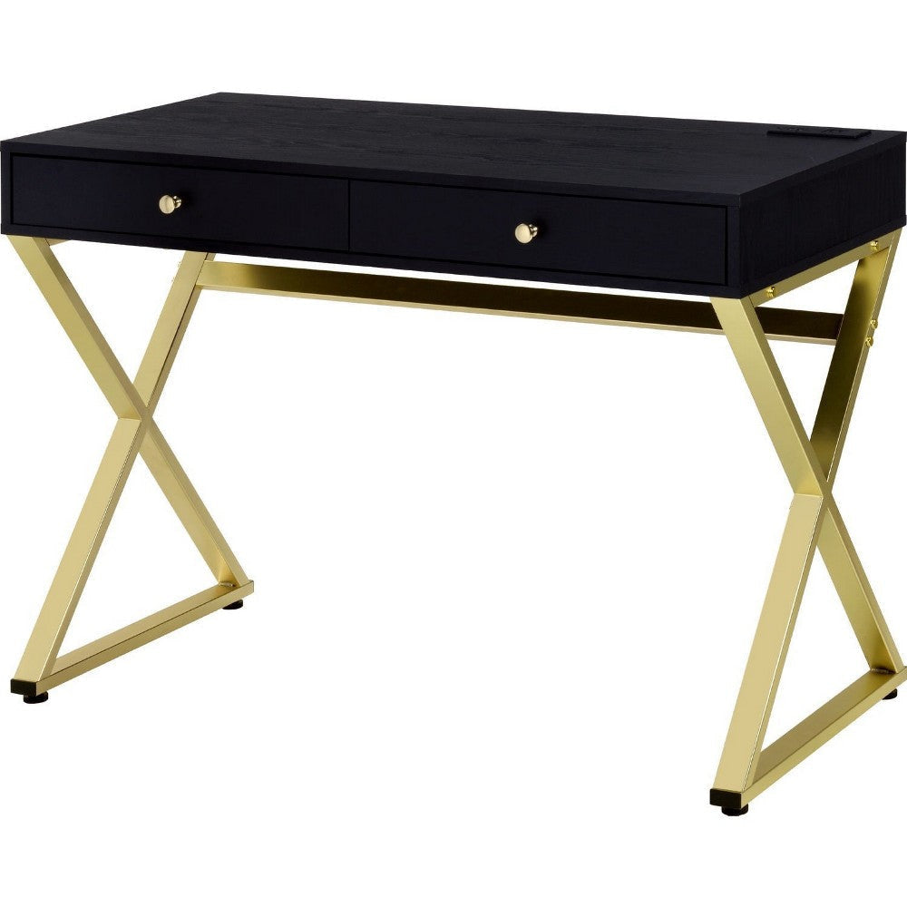 Writing Desk with 2 Drawers and Cross Legs, Black and Gold By Casagear Home